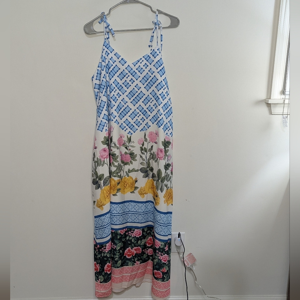 Dalia MacPhee Size Large Tie Shoulder Mixed Print Maxi Dress